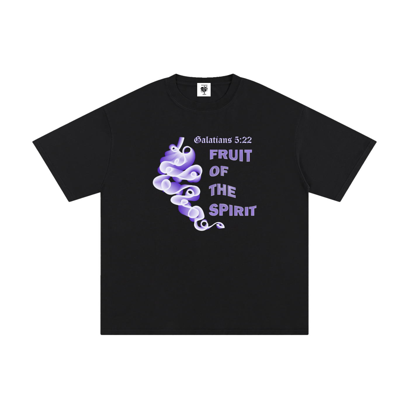 A black short-sleeve t-shirt with a graphic on the front featuring a purple cloud illustration and the text 'Galatians 5:22 FRUIT OF THE SPIRIT' in purple, shown against a plain white background.